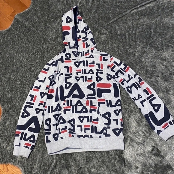 FILA multi coloured logo  printed unisex boy hoodie Sz XL - Picture 3 of 9